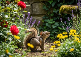 Obraz premium Curious Squirrel in a Blooming Garden: A Moment of Nature's Whimsy