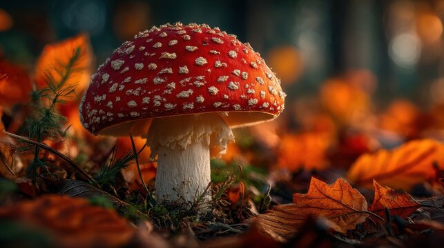 Vibrant red mushroom surrounded by autumn leaves in a serene forest setting during golden hour