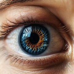 Stunning extreme close-up of a vibrant human eye with blue and gold iris