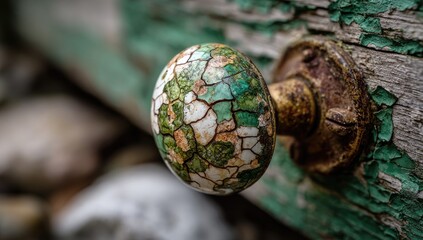 Close-up of a vintage door knob with cracked ceramic design, set against weathered wood