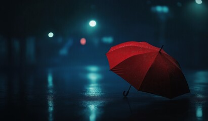 A solitary red umbrella abandoned on a dark rainy street illuminated by a single mysterious light source, evoking melancholy and cinematic atmosphere with blurred moody background