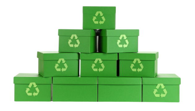 Stack of cardboard boxes with green recycling arrows, isolated on transparent background
