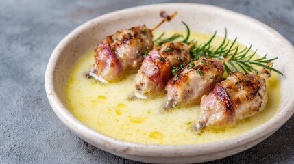 Grilled bacon-wrapped quail skewers luxuriate in buttery sauce, evoking Festivus feasts and culinary escapades of Epicurean indulgence
