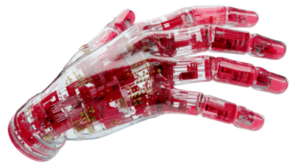 Transparent robotic hand with red internal circuits