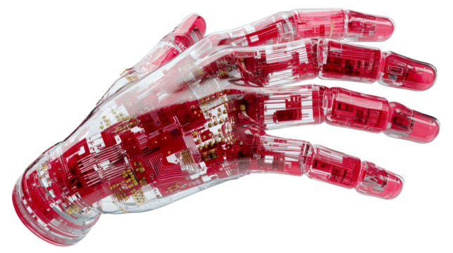Transparent robotic hand with red internal circuits - Powered by Adobe