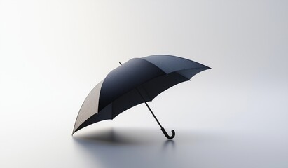 Minimalist navy blue open umbrella icon on pure white background with soft shadows and subtle reflections, showcasing elegant curves and monochromatic simplicity in low-angle motion