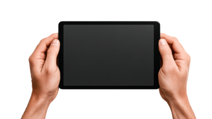 Man holding tablet device with dark screen