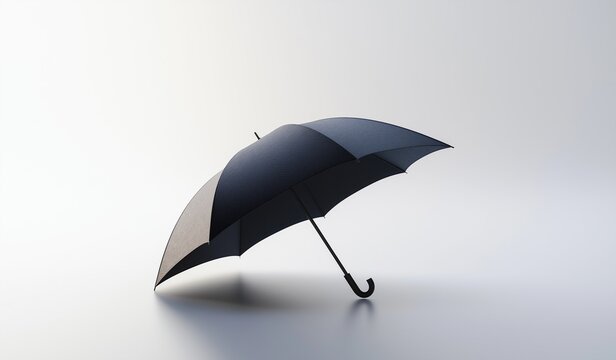 Minimalist navy blue open umbrella icon on pure white background with soft shadows and subtle reflections, showcasing elegant curves and monochromatic simplicity in low-angle motion