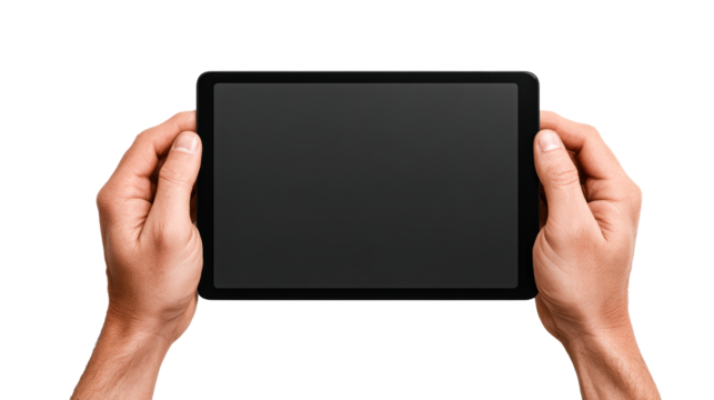 Man holding tablet device with dark screen