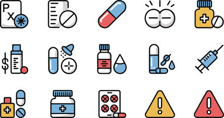 Essential Medical and Pharmaceutical Icon Set in Modern Outline Design for Healthcare and Wellness Digital Content.