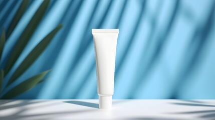 Elegant white skincare tube on bright backdrop with tropical shadows for cosmetic mockup projects