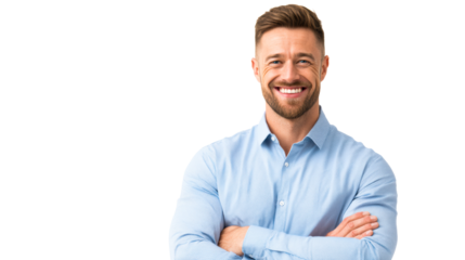 Man with arms crossed wearing a blue shirt