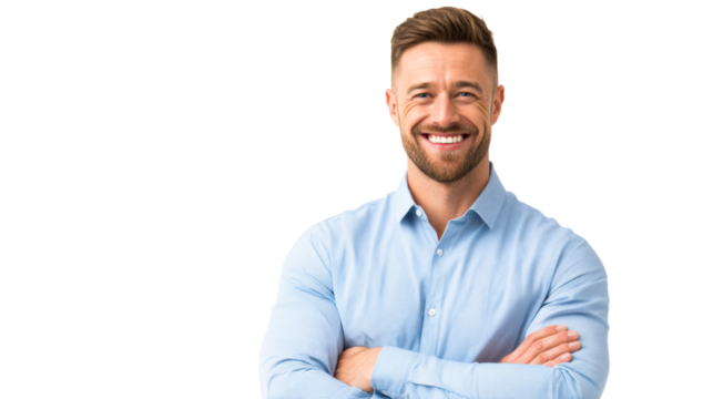Man with arms crossed wearing a blue shirt