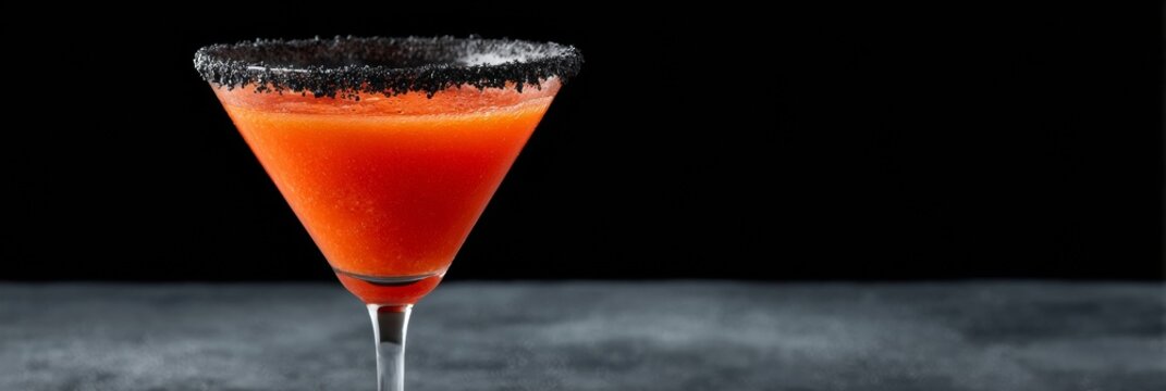 Scarlet elixir crowns a black salt-rimmed glass, evoking Dia de los Muertos and the spicy allure of Carnival