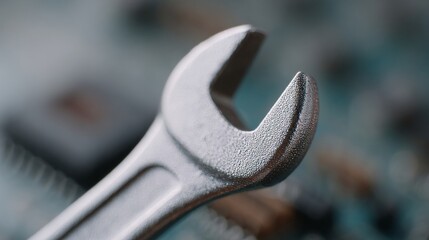 A textured wrench rests upon a blurred circuit board, resonating with DIY ethos and International Workers' Day ingenuity