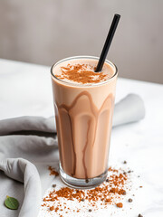 cold iced chocolate milk milo dinosaur with coco powder in glass black straw on grey cloth white background asian beverage halal food drink menu for hotel bar