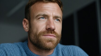 Obraz premium Pensive Caucasian man in blue sweater contemplates future on World Philosophy Day, seeking Hygge-inspired tranquility and introspection