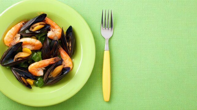 Seafood fiesta on lime plate, shellfish symphony celebrates Neptune Day, coastal cuisine colors popping, vibrant dining adventure awaits