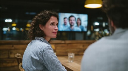 Cozy evening cafe chat, thoughtful Caucasian woman, ambient warmth, quirky Unknown Friendship Day meeting, mystical whispers of Hygge essence