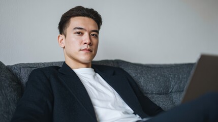 Serene Asian male in a sleek suit ponders on Futuristic Vision Day, embodying tranquil yin energy and innovation