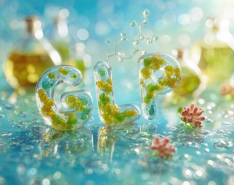 3D letters "GLP" with translucent, colorful capsules,  surrounded by  bottles and droplets