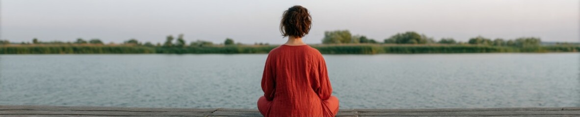 Fototapeta premium Tranquil reverie of a Caucasian woman, enveloped in russet, cradling serenity on a dock during World Meditation Day