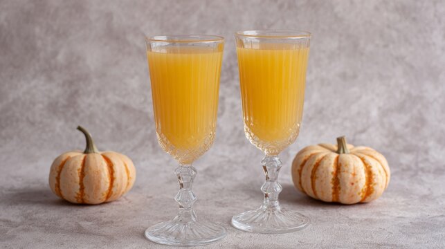 Two elegant flutes of golden pumpkin elixir bloom between whimsical gourds, conjuring the autumnal magic of Samhain festivities