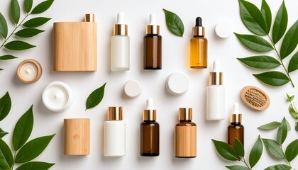 Eco-friendly skincare products flat lay with natural ingredients and green leaves, wellness concept