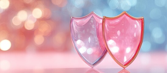 Two translucent pink shields on a soft pink surface, with a bokeh background of light orange and blue