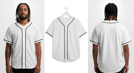 Blank White Baseball Jersey Mockup Front, Back, and Hanger Views
