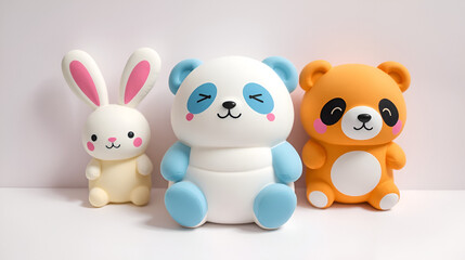 Colorful squishy plushies of a rabbit, panda and bear.