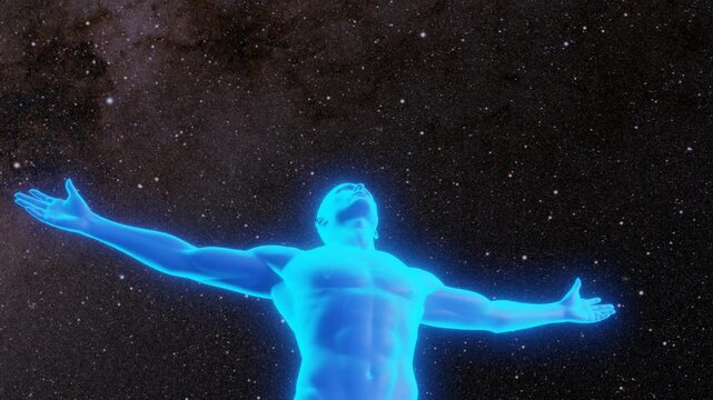 Man with open arms under the starry sky. Camera moves around him looking up.