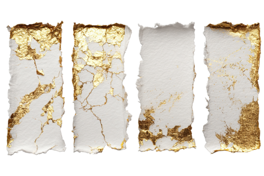 Four textured, ripped pieces of paper, each with gold marbling and white background
