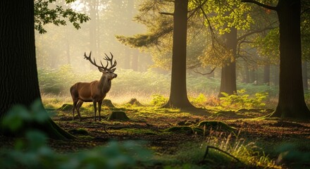 Majestic stag in golden hour light, captivating forest wilderness scene