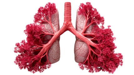 Anatomical human lungs with branching bronchioles and pulmonary capillaries