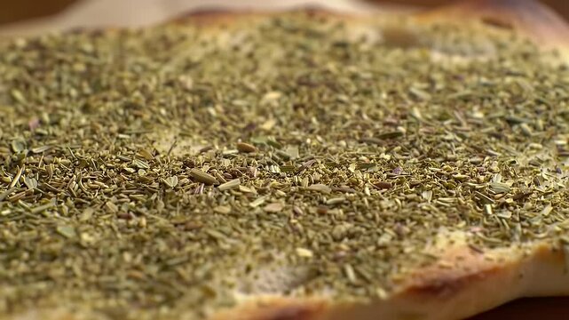 Close Up of Golden Flatbread with Fresh Zaatar Spice Mix a Culinary Delight Featuring Mediterranean Flavors Perfect for Food Blogs and Promotions Displaying Its Fresh Aroma and Delicious Taste