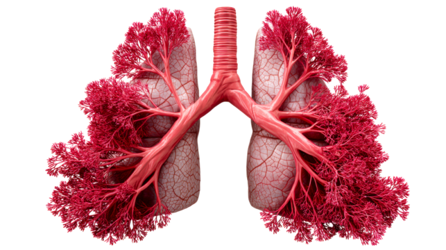 Anatomical human lungs with branching bronchioles and pulmonary capillaries