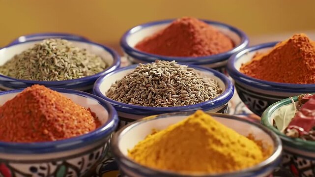 Diverse Assortment of Spices in Decorative Bowls Featuring Red Pepper Cumin and Turmeric with Earthy Brown Tones Displayed in Small Decorative Bowls Perfect for Culinary Projects