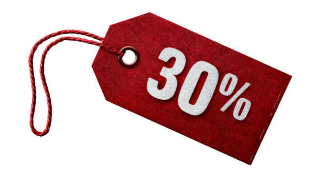 Red textured tag with 30 percent discount and twine