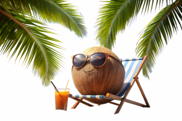 Coconut with sunglasses relaxing on a beach chair isolated on transparent background