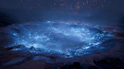 An otherworldly crater illuminated by glowing preservation symbols beneath a meteor shower.

