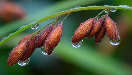 Close-up of seed pods with dew drops