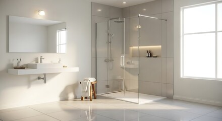 Elegant bathroom with minimalist design, featuring a glass shower and modern vanity