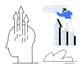 Human profile silhouette with upward arrows for growth, person on bar graphs searching for progress. Ideal for knowledge, innovation, self-improvement, career development, goal-setting, learning