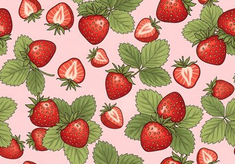 Delightful Strawberry Pattern: Vibrant Red Berries and Green Leaves on Pink Background.