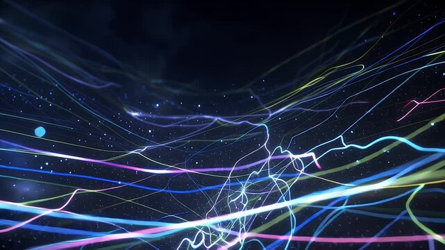 暗い空間で脈動し輝く多色の光の線の抽象的な背景 | Abstract Background of Pulsating and Glowing Multicolored Light Lines in a Dark Space