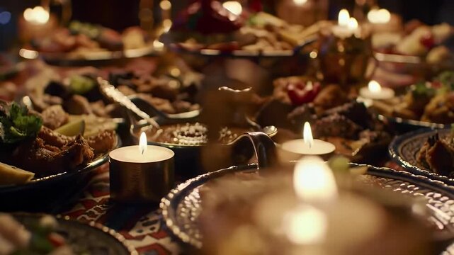 Warm Golden Candlelight Illuminating a Festive Table Spread with Traditional Dishes Perfect for a Festive Dinner Celebration and a Luxurious Cultural Heritage Experience with Family Gatherings and