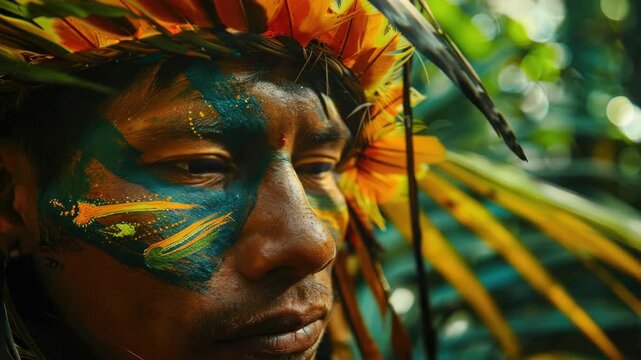 A strong and proud indigenous male with face paint, wearing a headdress