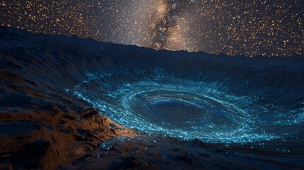 An otherworldly crater illuminated by glowing preservation symbols beneath a meteor shower.
