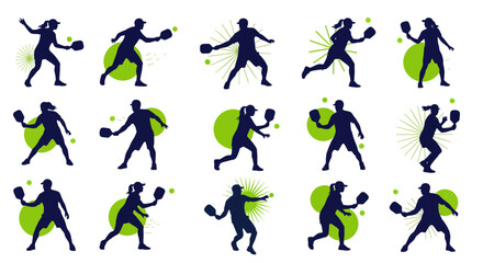 Dynamic pickleball players in action, silhouettes of athletes hitting the ball, perfect for sports, fitness, and lifestyle projects, bold and modern design